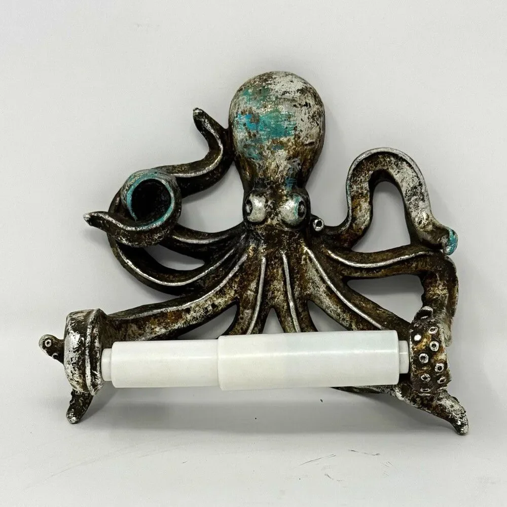 Octopus Metal Wall Mounted Toilet Paper Holder Bar Antique Silver/Blue Nautical